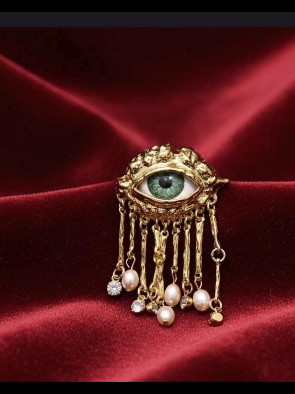 Gold Eye Brooch with Green Glass Iris and Pearl Drops